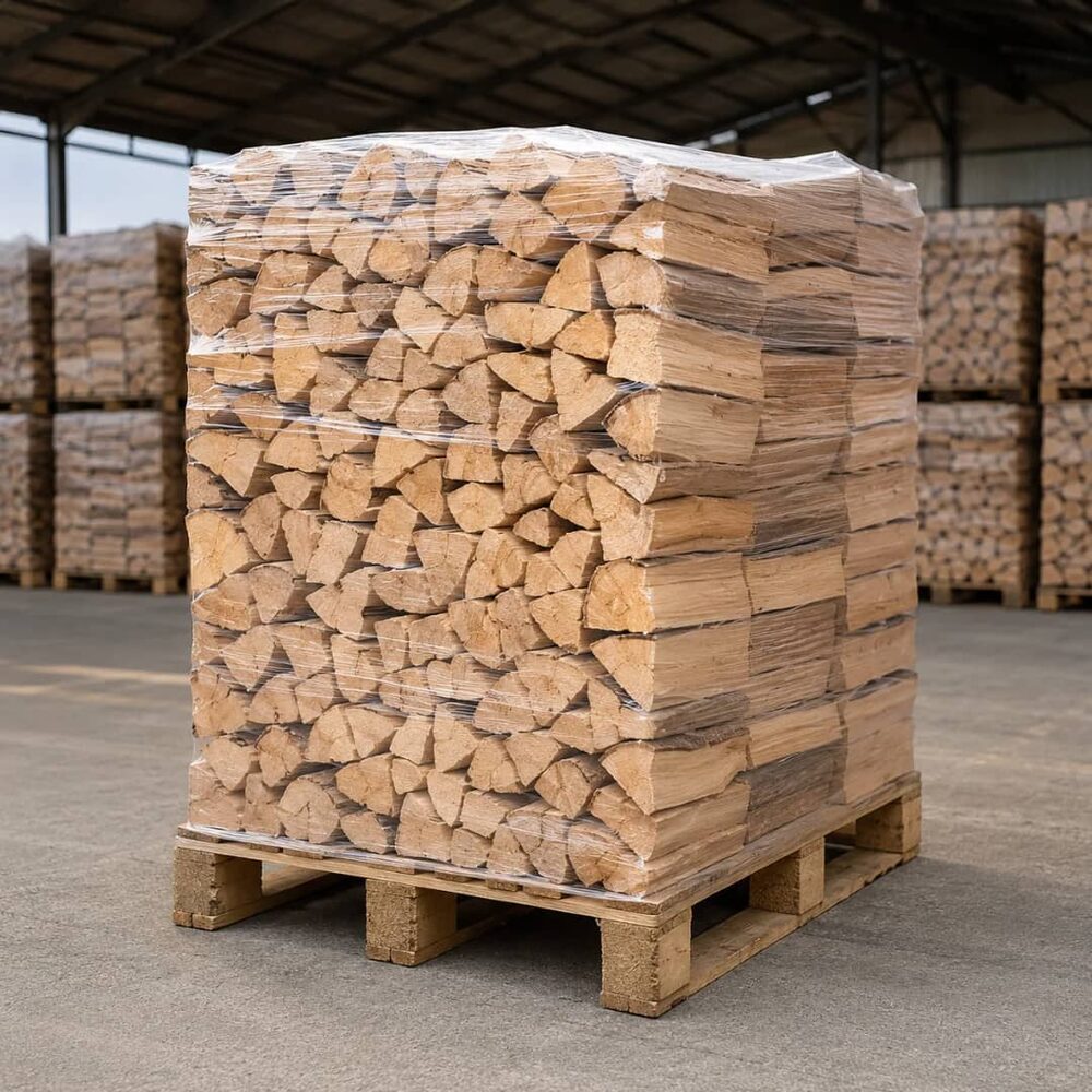 Palette de bûches de chêne fendues, prête pour la livraison