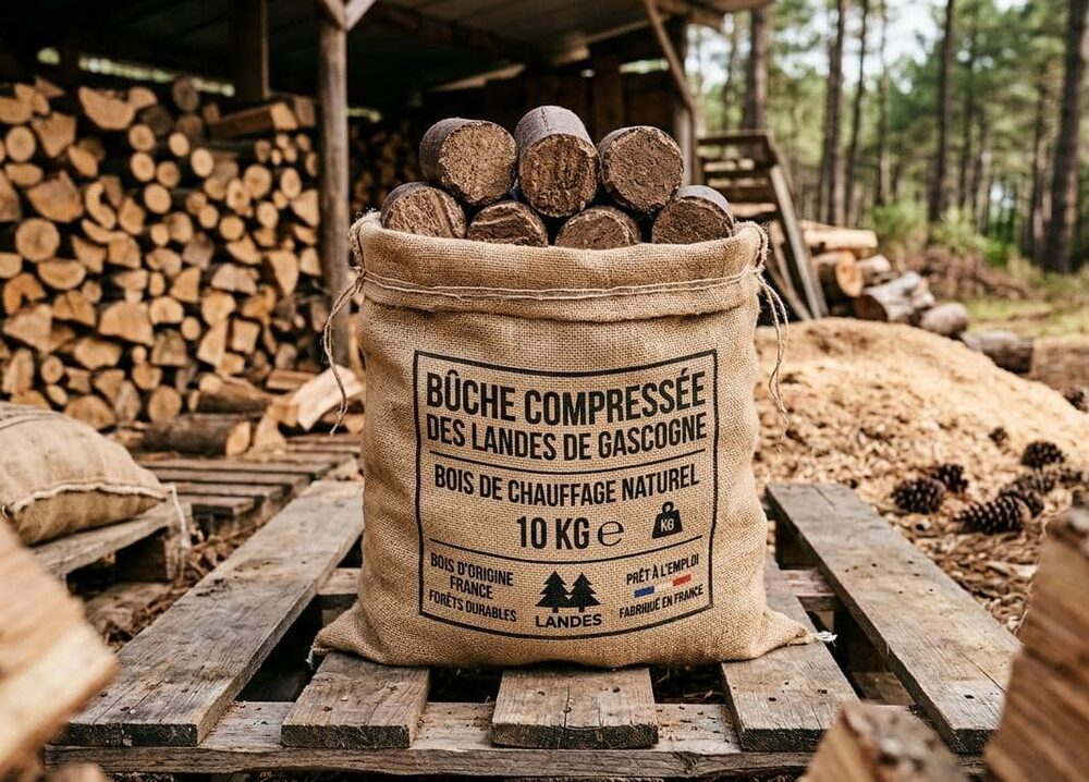 Sac de bûches de bois compressées, prêt à l'emploi